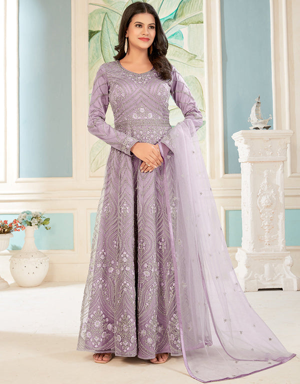 Traditional Function Wear Heavy Butterfly Net Salwar Suit Collection Purple Butterfly Net Pant Anarkali Front View